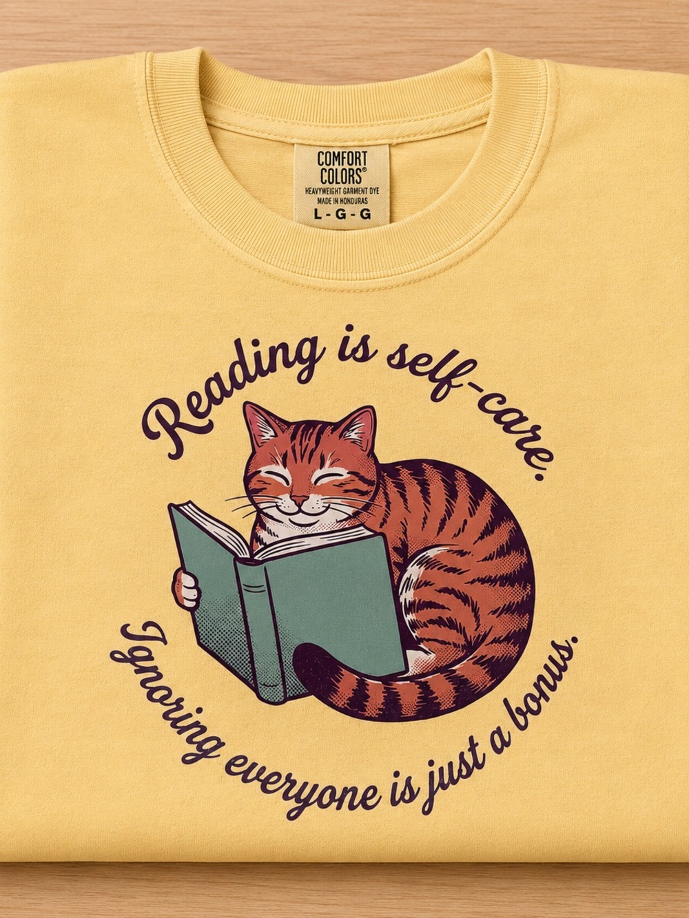 Large Comfort Colors Yellow Tee with Reading Cat Graphic
